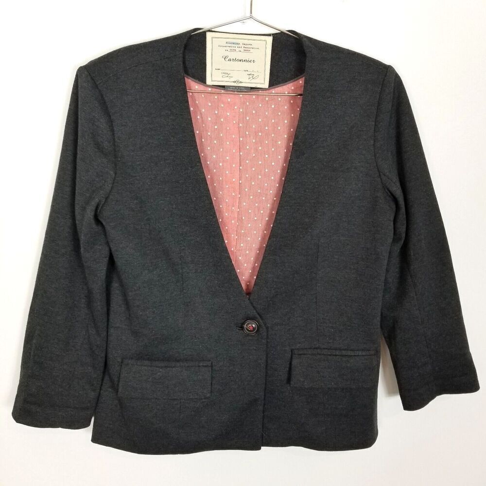 ANTHROPOLOGIE CARTONNIER Women  One Button Blazer Jacket Sz M Gray Knit Preppy